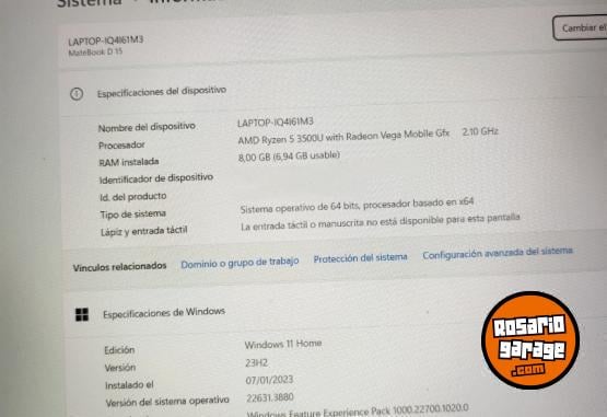 Informtica - Porttil Matebook Huawei D15 3500U - En Venta